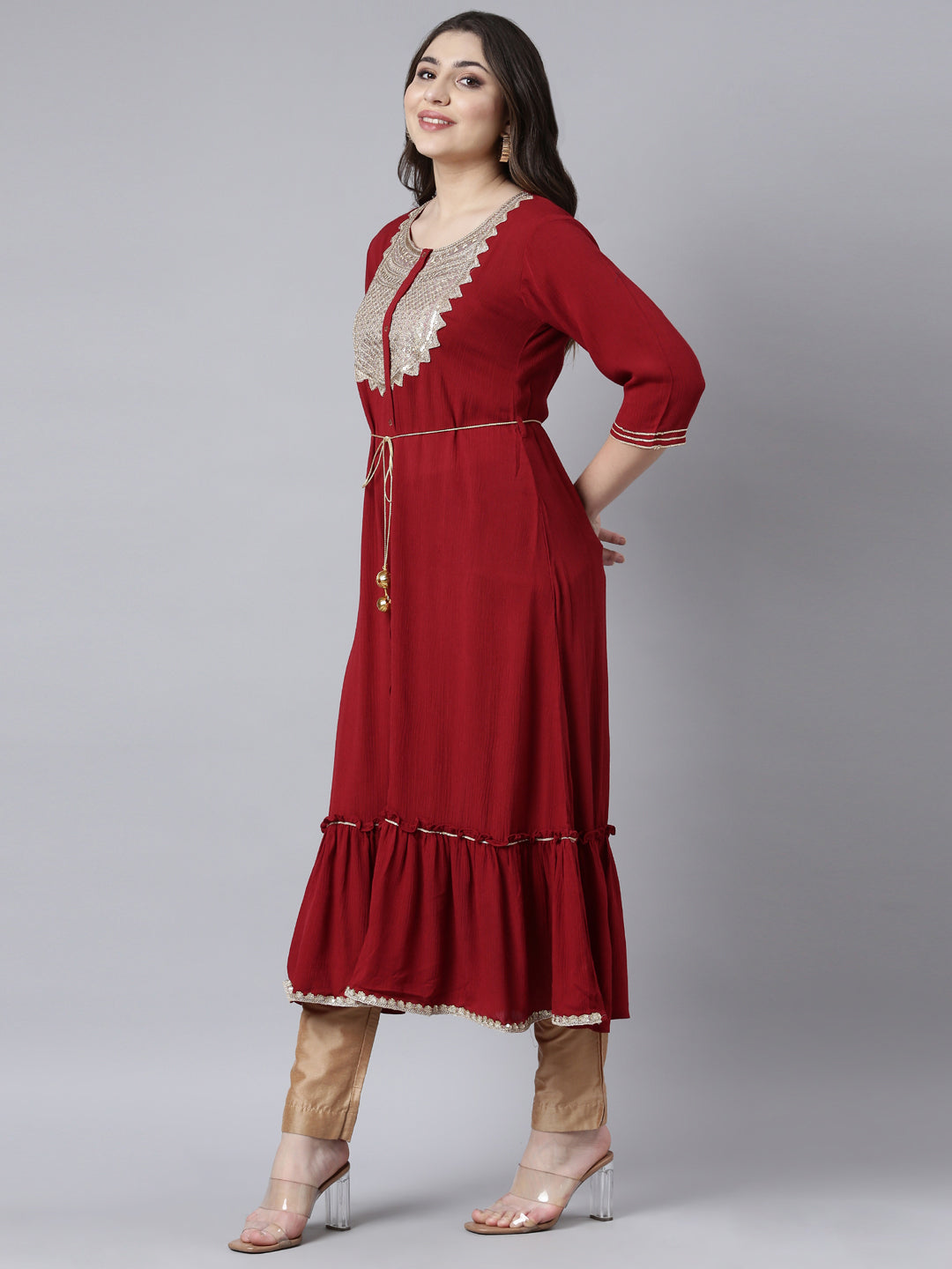 Buy Neerus Embellished Flared Sleeve Georgette Maxi Dress | Find the Best  Price Online in India